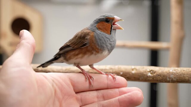 Cute Zebra Finch Standing on Human Hand and Chirping Inside Indoor Aviary