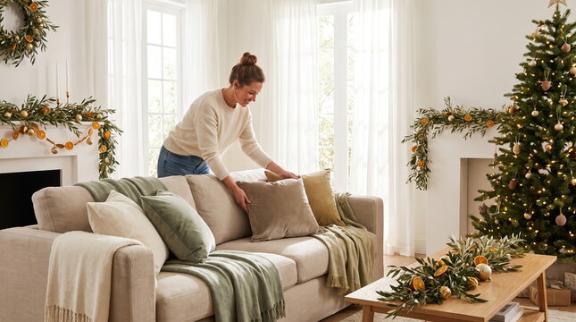 Woman arranging Christmas decorations to prepare home for holiday guests
