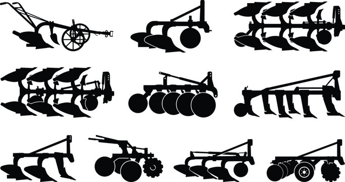 Agricultural Plow Silhouettes Set of Farming Equipment and Machinery