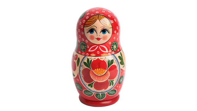 Traditional Russian wooden nesting doll matryoshka folk craft isolated on transparent background.