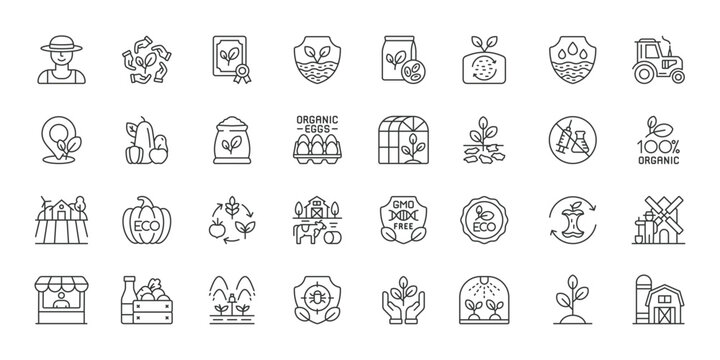 Organic Farming icons in line design. organic farming, agriculture, farm, crops, vegetables, eco, sustainability on white background vector. Organic Farming editable stroke icons.