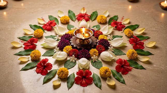 Lit diya oil lamp in center of beautiful colorful flower rangoli for diwali