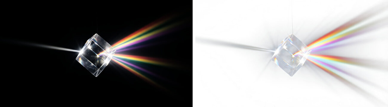 Optical glass prism with light dispersion, rainbow spectrum refraction on black and white backgrounds, physics science experiment set
