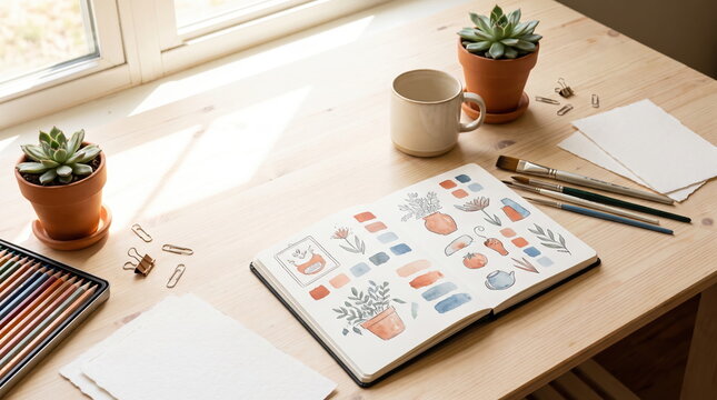 Bright wooden desk in an analog creative workspace with tools and materials