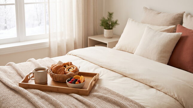 Festive Christmas Morning Breakfast Tray Beside Bed with Delicious Treats