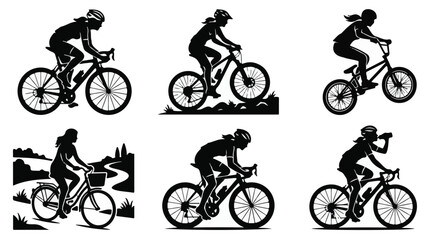 Fototapeta premium Female Cyclists Riding Bicycle Poses Vector Silhouette Collection 