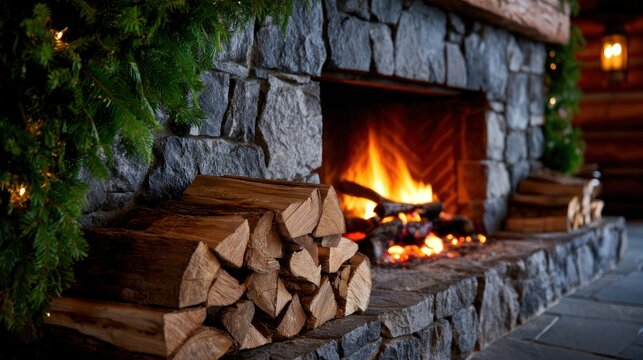 Cozy stone fireplace with logs stacked, warm fire glow, surrounded by festive green garland