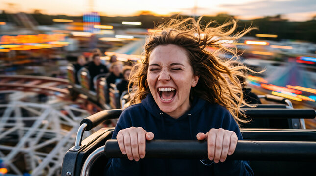 Excited young woman screaming on roller coaster at amusement park at sunset