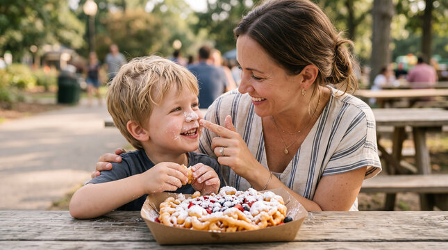 Happy mother and son eating funnel cake at outdoor amusement park