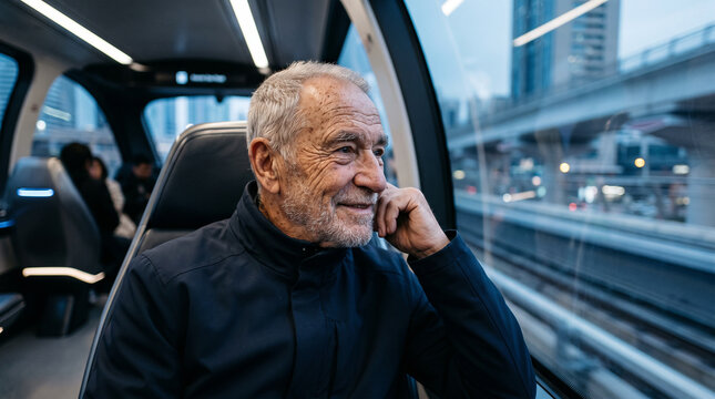 Smiling senior man riding in futuristic autonomous public transport capsule at dusk