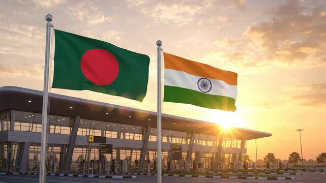 Flags of bangladesh and india waving together at modern international airport terminal during golden hour sunset