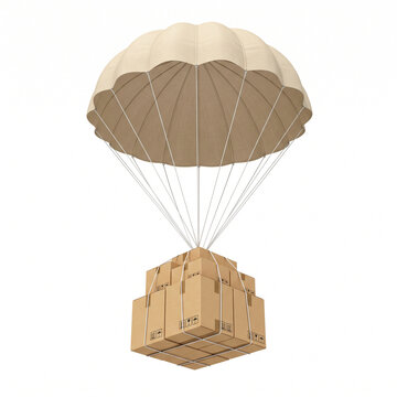 A beige cargo parachute descending from the sky carrying a large bundle of cardboard boxes tied securely with ropes for express delivery services and emergency humanitarian aid supplies