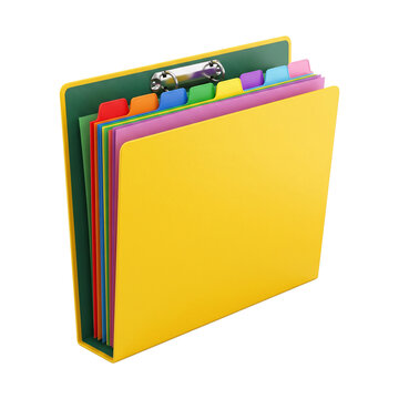 A colorful ring binder folder with multicolored index dividers and organized papers inside for office document management and filing