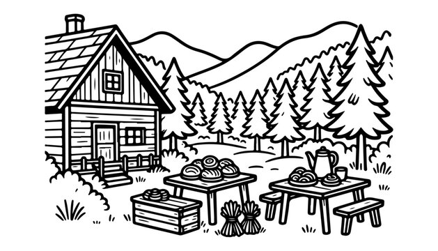 Rustic Mountain Cabin with Outdoor Picnic Tables, Fresh Food and Pine Forest Landscape Line Art

