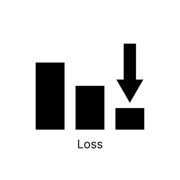 Bar chart icon showing a decrease in value with a downward arrow, representing business loss, financial decline, or negative growth