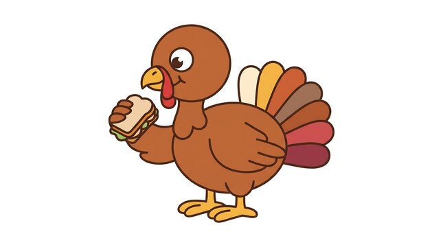 Happy thanksgiving cartoon turkey enjoying a delicious sandwich made from holiday leftovers on a white background