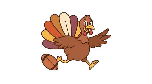 Happy thanksgiving cartoon turkey character running cheerfully while playing football during the holiday game
