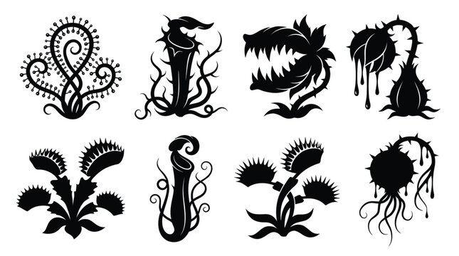 Detailed carnivorous plants vector illustration set featuring various predatory floral designs with sharp teeth and long twisted spiky vines