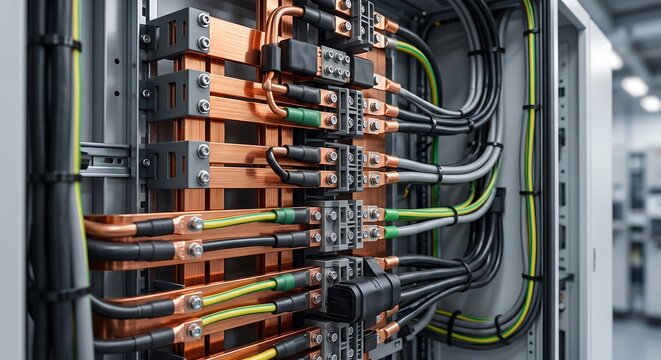 Electrical switchgear cabinet with copper busbars and heavy duty power cables