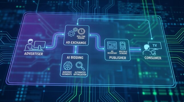 network workflow diagram with flow lines on a dark blue circuit board background &mdash; Digital Advertising