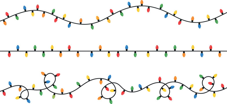 Christmas lights vector set, colorful holiday string lights on black wire, festive fairy light borders for winter celebration and party decor
