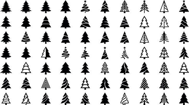 Minimalist Christmas tree icons set, 70 black pine tree vector silhouettes, geometric evergreen fir symbols for winter holiday branding and card design
