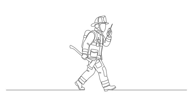 Professional firefighter walking and carrying equipment with protective gear fire department first responder
