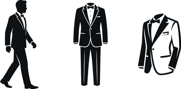 Formal tuxedo suit icons, black tie evening wear silhouettes, elegant mens wedding attire vector set, gentleman fashion illustration for gala events