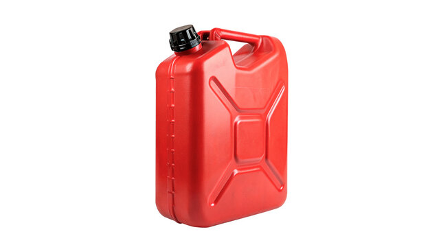 Red metallic jerrycan fuel gasoline canister container isolated on transparent background.