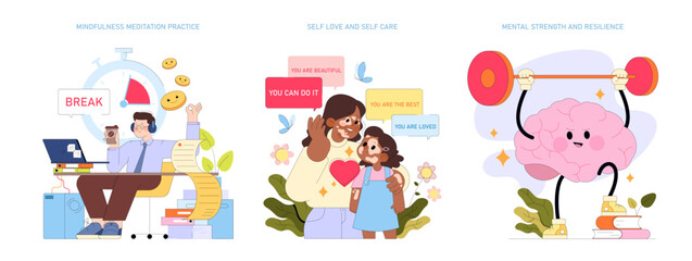 Fototapeta premium Mental wellness set showing meditation self care and resilience