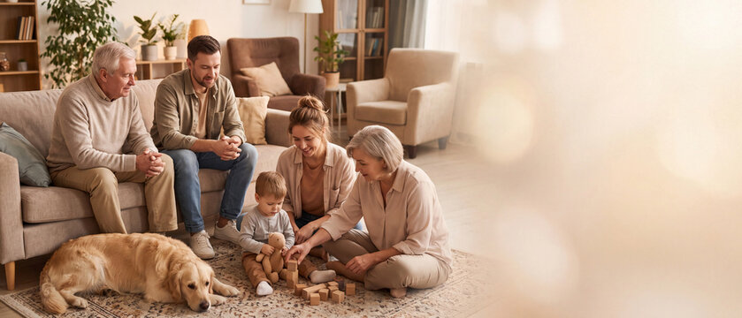 Three generations of a family are playing together in the living room. Multi-generational family concept: grandparents, mom and dad, a child, and a dog.