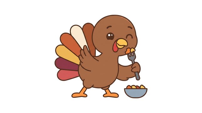 Cartoon turkey winking while eating with a fork from a bowl for a happy thanksgiving