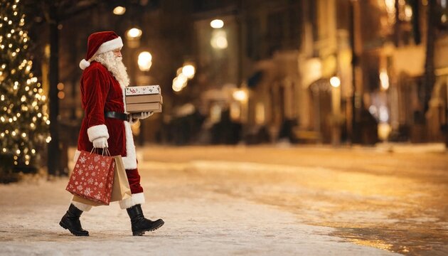 Santa Claus in a red suit walks a snowy street carrying gift boxes and shopping bags, festive errand, holiday shopping, winter celebration, seasonal magic. Christmas, winter holiday spirit.
