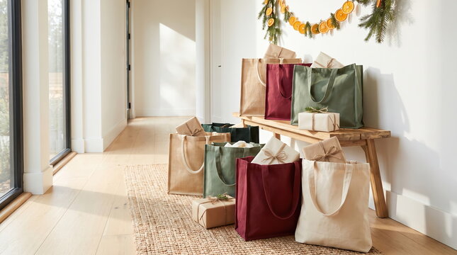 Christmas shopping bags filled with presents at home ready for the holiday season