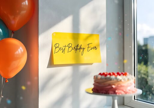 Festive birthday scene with colorful balloons a delicious cake and a celebratory note on the wall