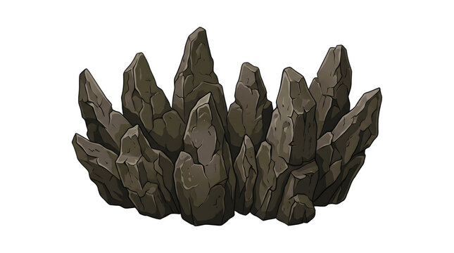 Cluster of dark sharp rocky mountain peaks isolated for fantasy environment scenery building blocks and digital game world terrain design decorations.
