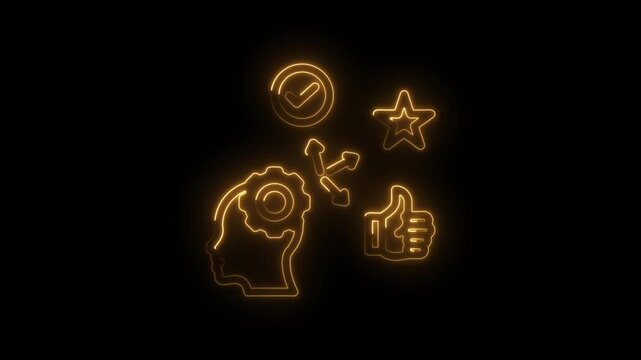 Glowing neon outline of human head with gears inside symbolizing thought process and icon