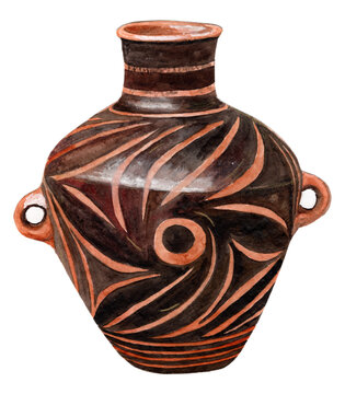 Chinese Neolithic Majiayao culture painted pottery jar, Gansu (c. 3000 BC). Earthenware vessel with black dynamic swirling spiral and wave motifs, two side loop handles. Artwork.