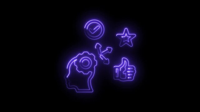 Neon outline icons representing success strategy decision making learning and positive feedback