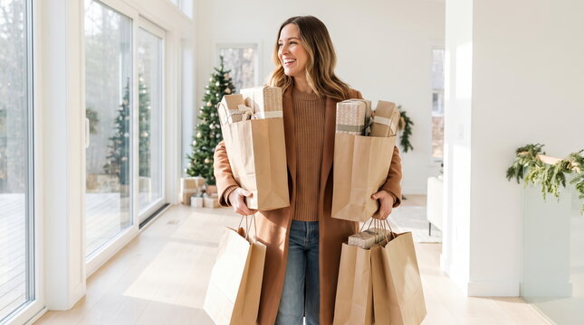 Woman carrying Christmas shopping bags in a festive urban setting