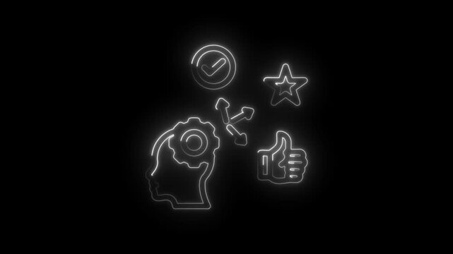 Neon outline of human head with gear inside showing thought process and decision making with... icon