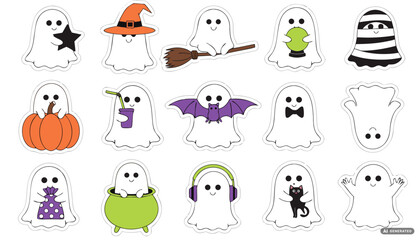 Obraz premium Halloween cartoon ghost illustration set with costumes and props