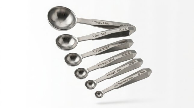Stainless steel measuring spoons set arranged on clean white background for culinary use