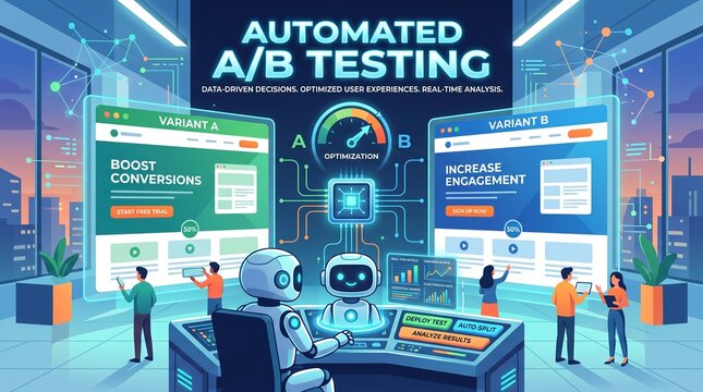 Robots and people monitoring automated web page testing in a futuristic office workspace &mdash; Digital Advertising