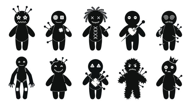 Black voodoo doll vector illustration set featuring various stitched characters with needles, pins, buttons, and decorative embroidery design elements
