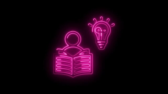 Neon pink glowing icon person reading book and lightbulb symbol representing knowledge learning