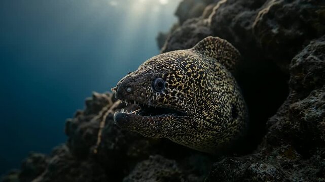 moray eel underwater cave close up at morning light in great barrier reef australia video
