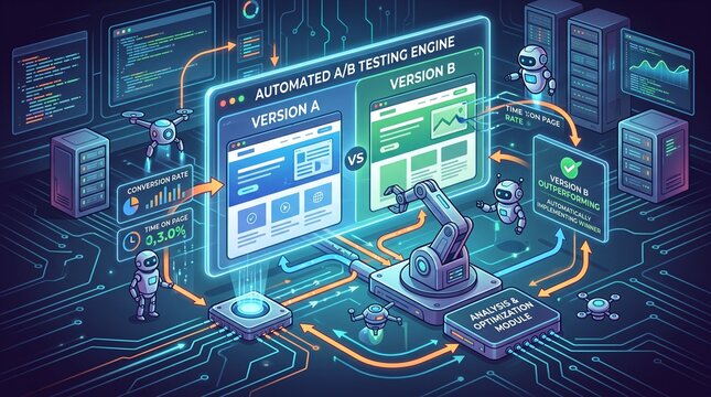 Automated software engine comparing two website versions with robotic arms and data analytics in server room &mdash; Digital Advertising