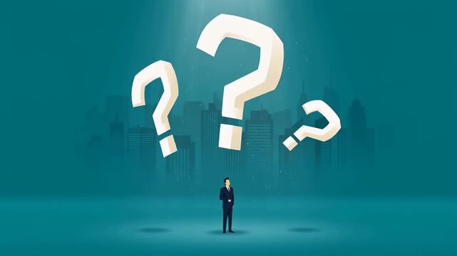 Businessman Standing Alone Facing Large Floating Question Marks over Cityscape at Dusk with Cinematic Teal Lighting