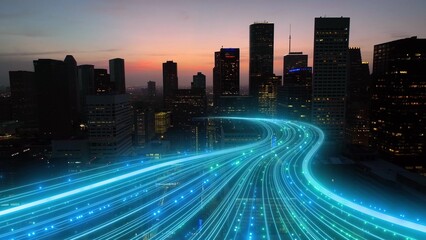 American smart city with digital data flow, network connectivity, technology, internet and high speed communication © TechAnimationStock